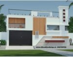 Modern Indian single floor house front elevation design with orange Jaali, concrete panels, blue wall accents, and a dark metal gate.