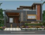 Modern single floor Indian house elevation design featuring grey HPL, wood HPL, stone cladding, golden strip lighting, robust compound wall, and a large terrace area.