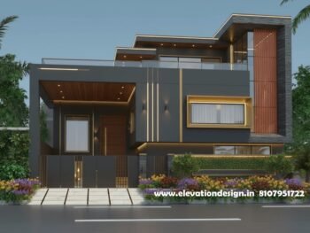 Modern single floor Indian house elevation design featuring grey HPL, wood HPL, stone cladding, golden strip lighting, robust compound wall, and a large terrace area.