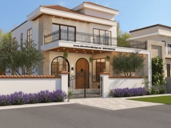 Modern Indian G+1 house front elevation with stone cladding, terracotta roof, arched windows, and wrought iron gate. Contemporary compound wall design.