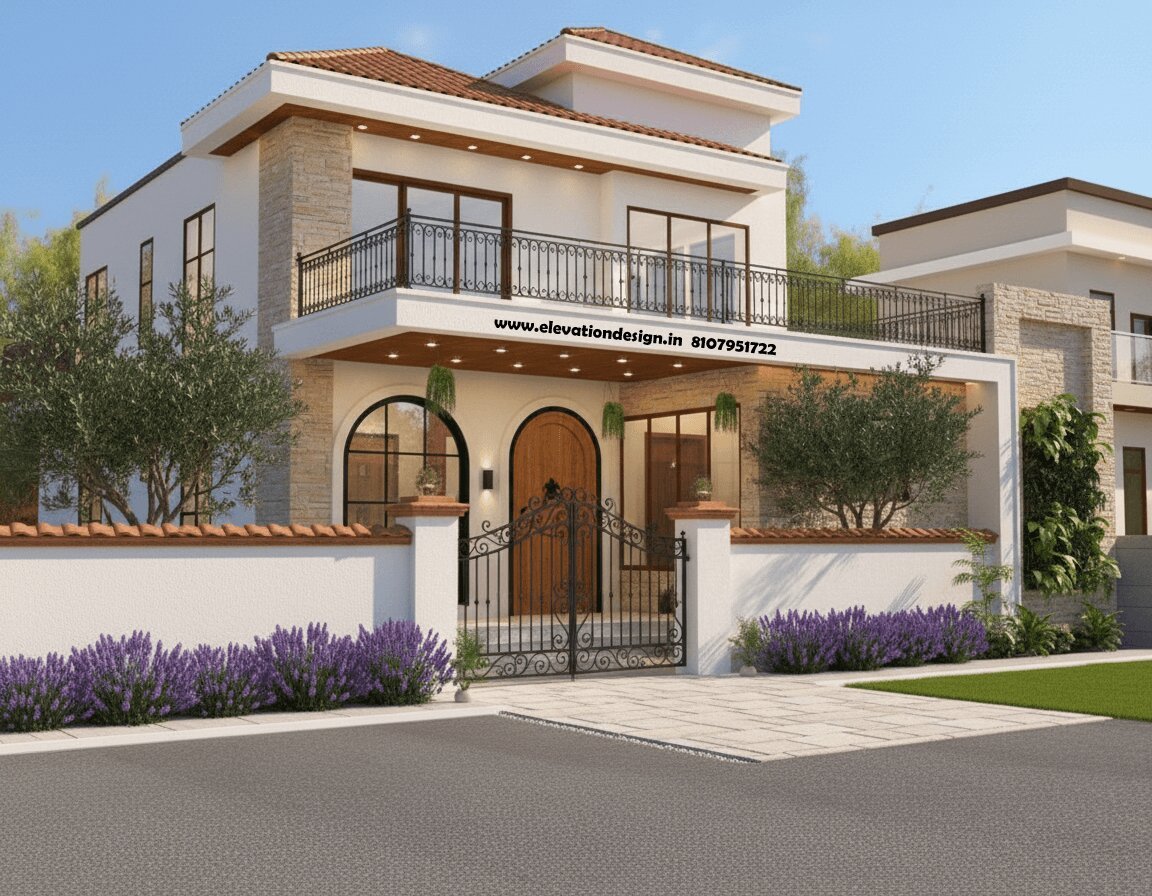 traditional elevation design Modern Indian G+1 house front elevation with stone cladding, terracotta roof, arched windows, and wrought iron gate. Contemporary compound wall design.