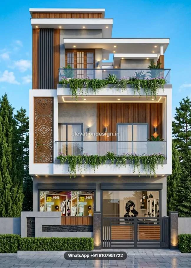 3 Floor Best Elevation With Wooden Tiles