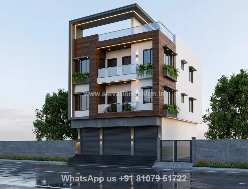 Modern 3 Floor Corner Home Elevation Design