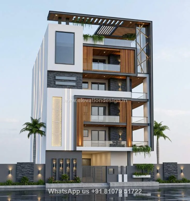 Modern Elevation For 5 Floor Building Indian Style