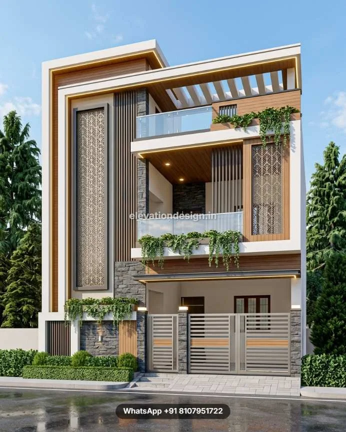Modern Two Floor House Front Design With Jali Design