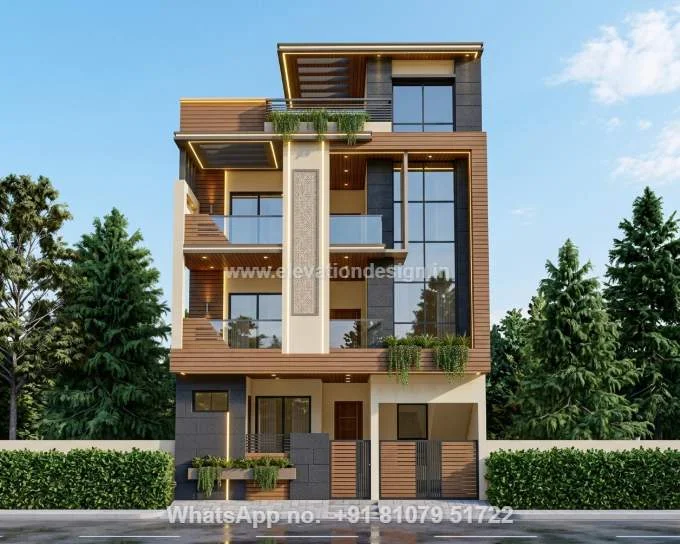 North Facing House Front Elevation Triple Floor Indian Style