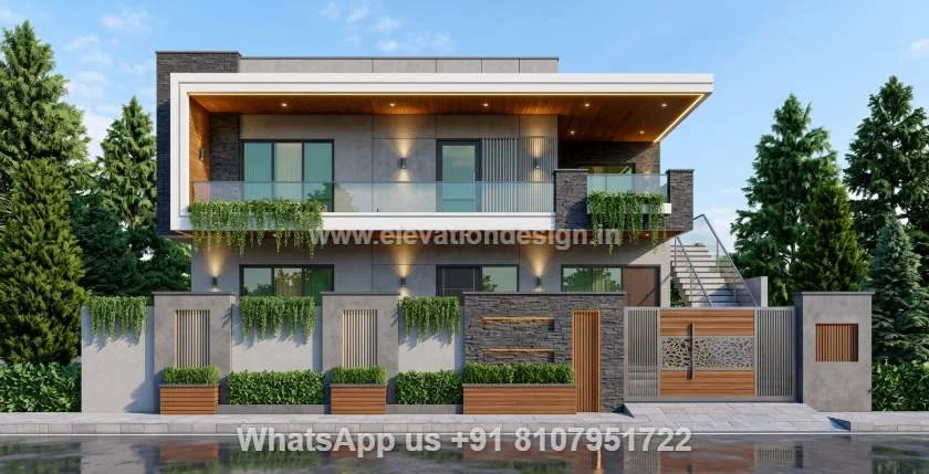 Front Elevation With Compound Wall Design