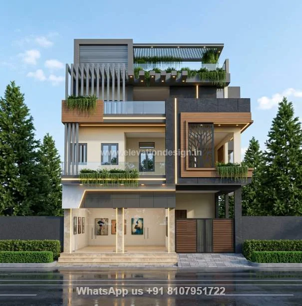 G+2 Shop With House Small Front Elevation