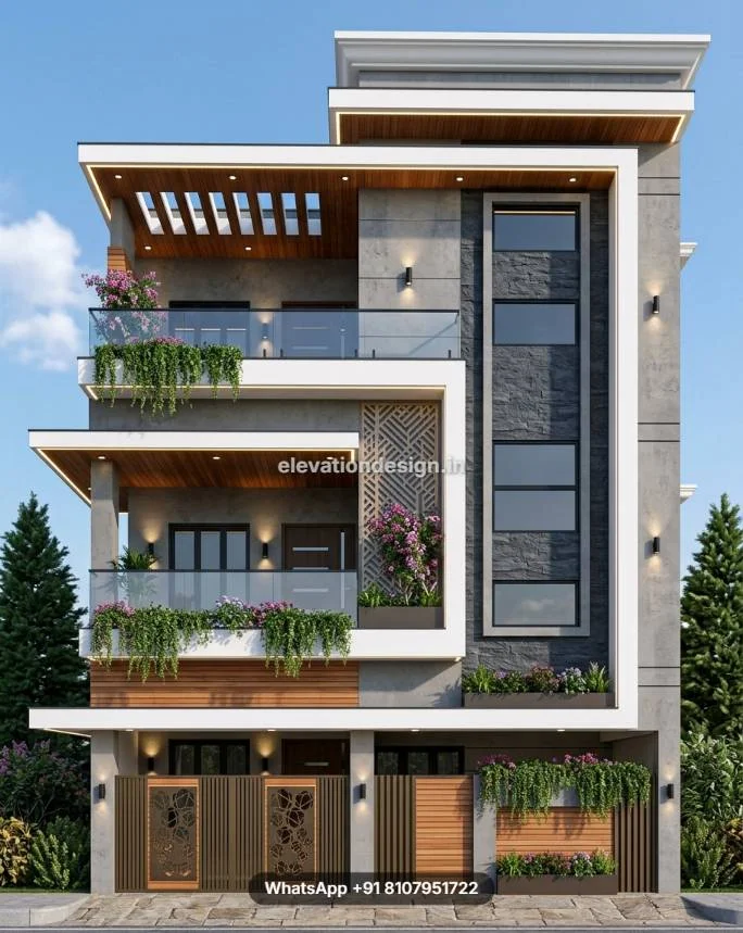 Modern 3 Storey Home Elevation With Glass Balcony