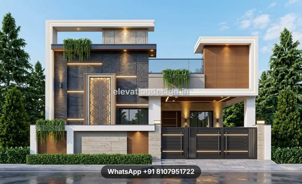 Modern Stone Exterior Elevation Design With Compound Wall