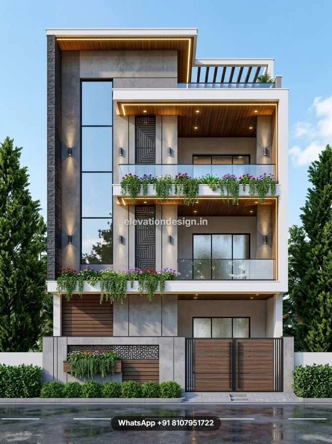 Narrow House Front Elevation Design With Greenery Balcony