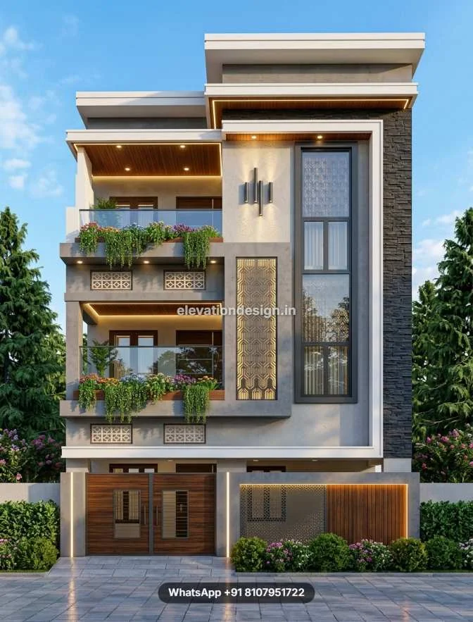 Narrow Luxurious Front Elevation Design Led Facade