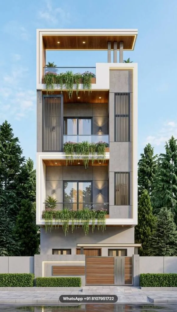 Simple House Front Design With Lighting Cascading Greenery