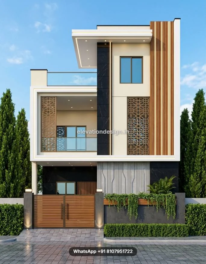 South Facing Modern Duplex House Front With Lighting