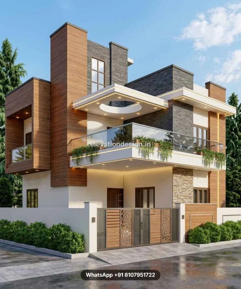 Two Floor Wooden Stone Elevartion Design